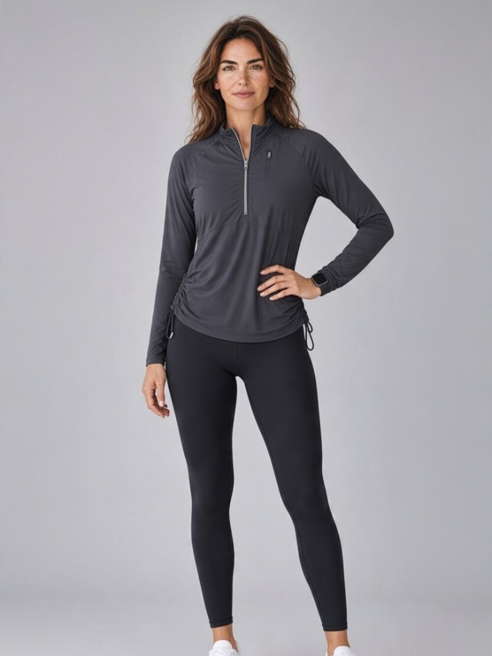 Athleta Alacrity Half Zip Pullover Ruched Side Cinch Black Fits Women's M